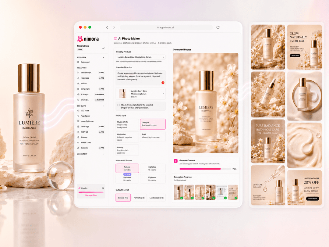 Nimora AI product photoshoot workflow showing generated product visuals