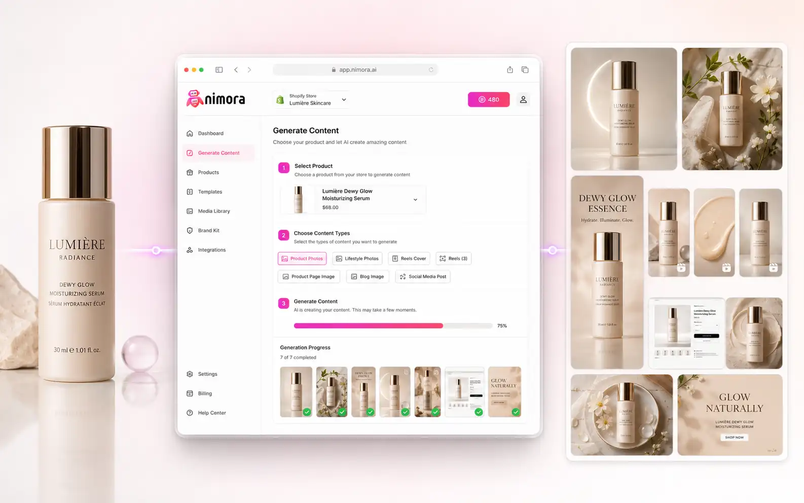AI Studio output showing product photos, reel frames, and model-ready creative variants