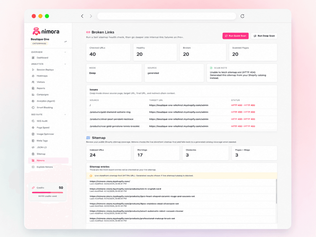Nimora SEO repair queue with metadata, broken link, and sitemap fixes